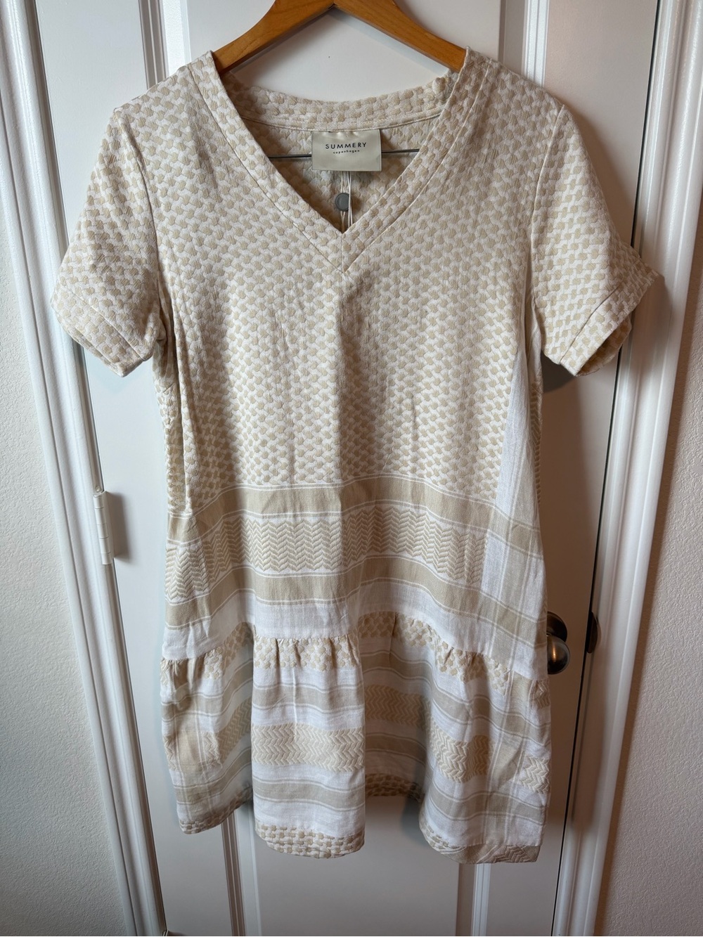 NWT Summery Copenhagen 2 V Gathered 100% Cotton-Jacquard Mini Dress in Beige